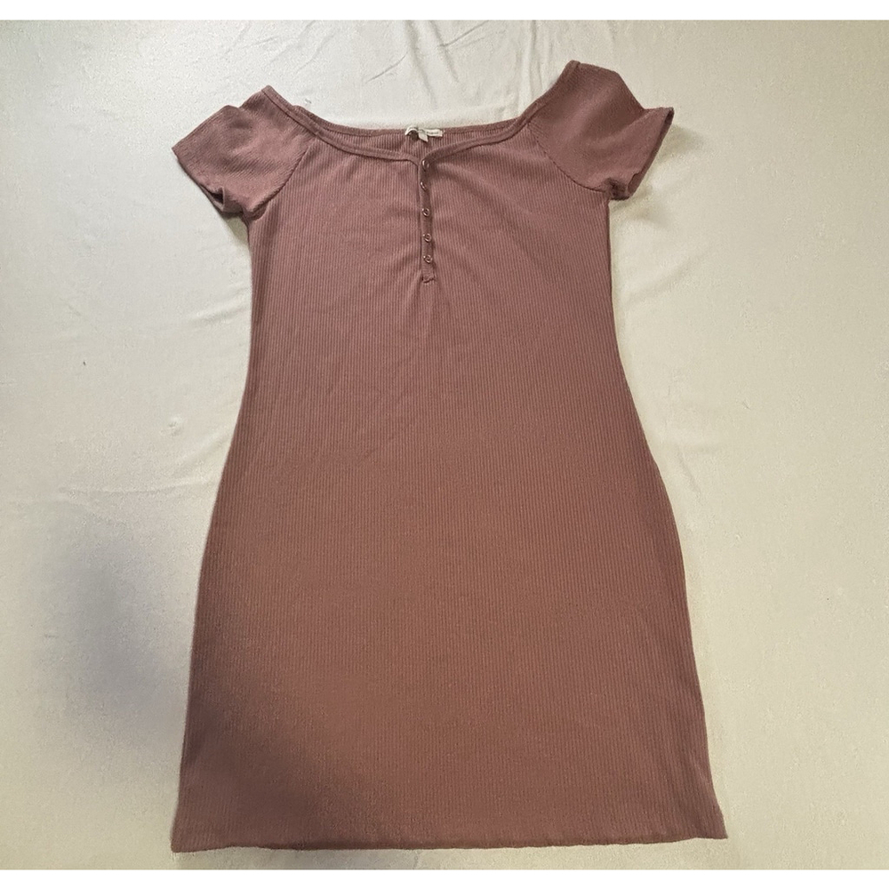 Charlotte Russe Women’s Ribbed Bodycon Dress L Mauve Pink Henley Short Sleeve